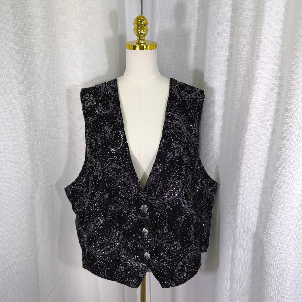 NEW VTG Laura Tyler Paisley Velvet Vest 22W Black Silver Shimmer 90s Made in USA